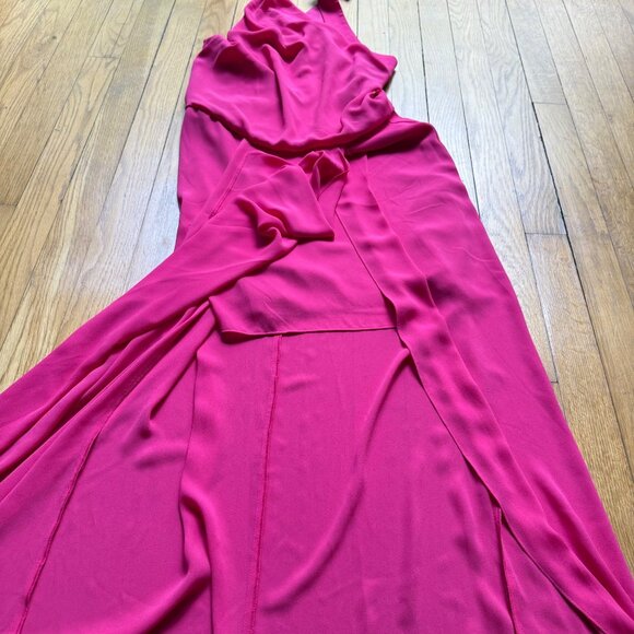 Halston Size 2 Fuchsia Azalea Asymmetric Draped Sleeveless Tie Back Maxi Gown - Picture 10 of 16